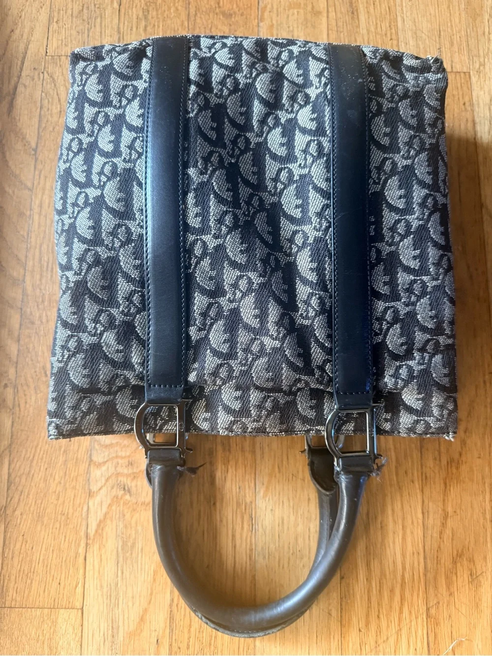 Dior Black and Gray Monogram Tote with calf leather Dark Blue Straps